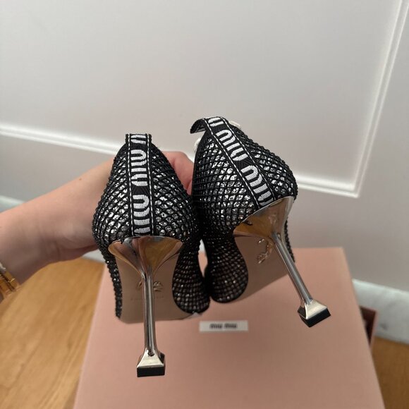 NWT Miu Miu Pointed Toe Pumps Black Mesh Silver Glitter High Heels 35.5 - Picture 8 of 12